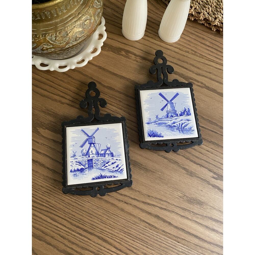 Vintage H.S. Cast Iron Tile Trivets Holland Blue & White Windmill Made in Japan
